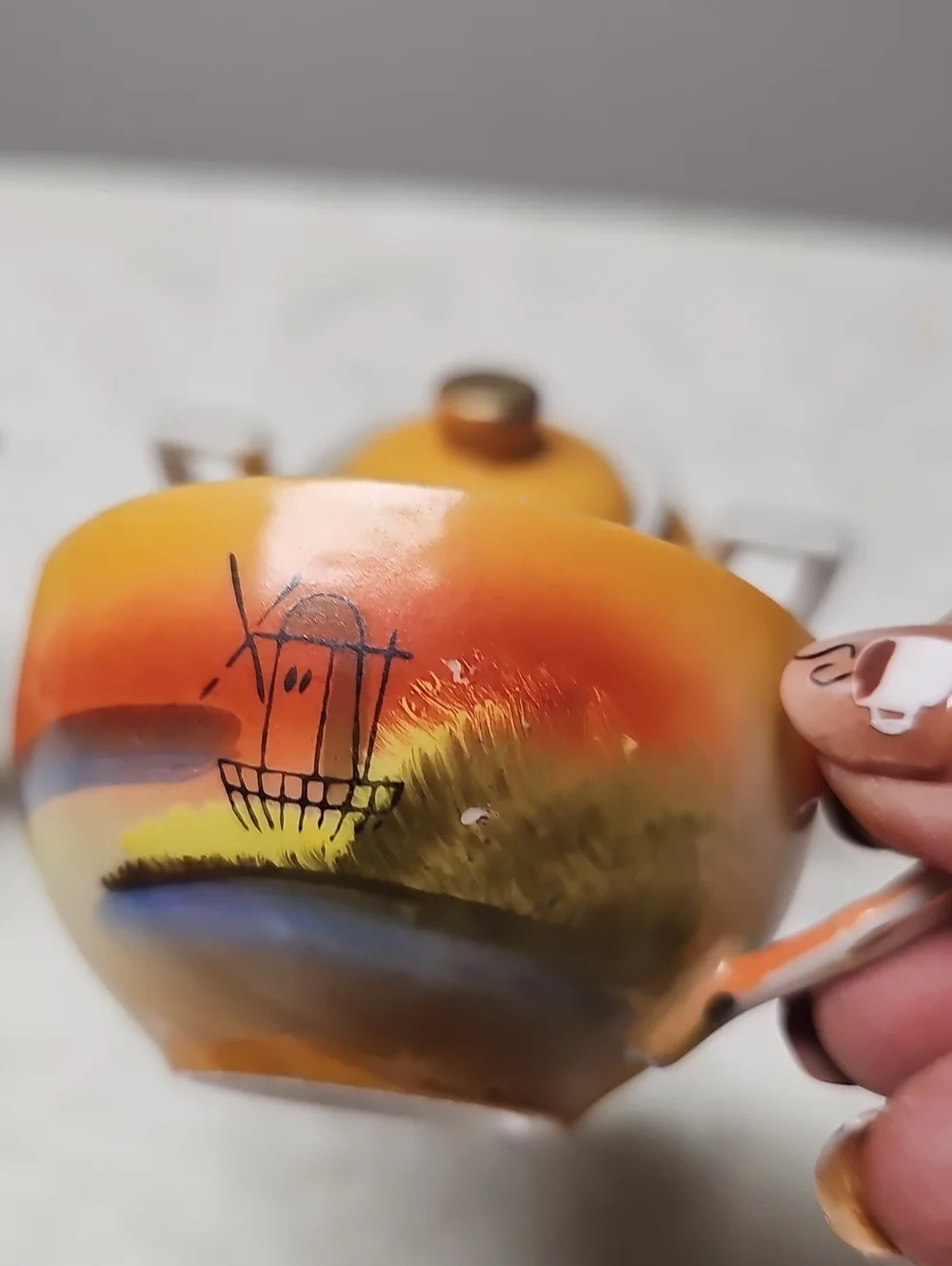 Vintage Porcelain Tea Set in Yellow-Orange Sunset Finish